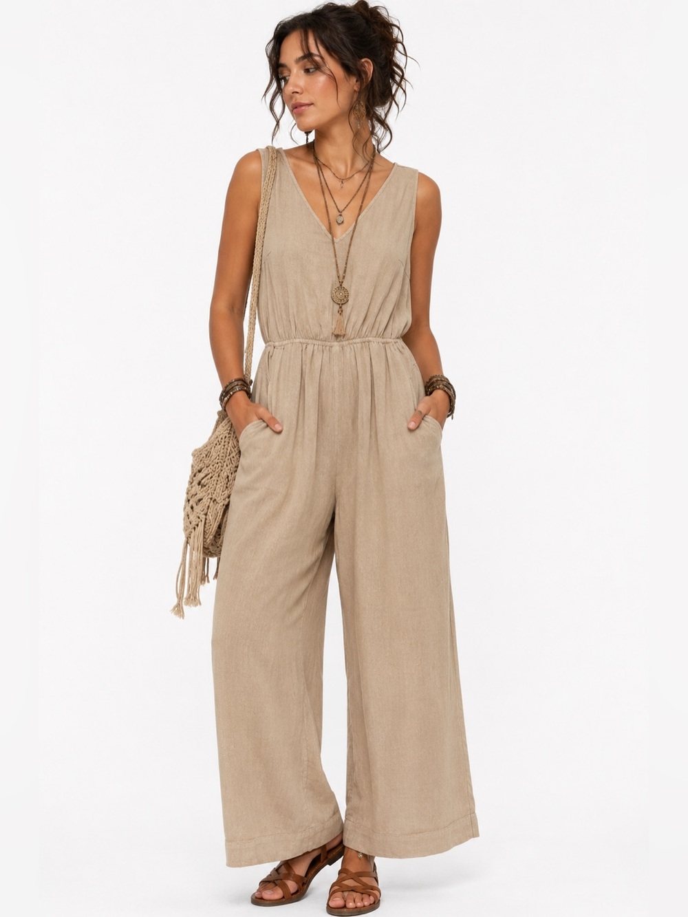 Boho Lagenlook Tan Linen Blend Jumpsuit Wide Leg Coastal Cutout Comfort Earthy